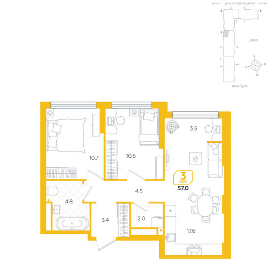 57 м², 3-комнатная квартира 8 630 000 ₽ - изображение 1