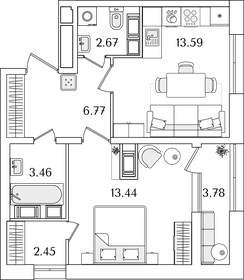 Квартира 44,3 м², 1-комнатная - изображение 1