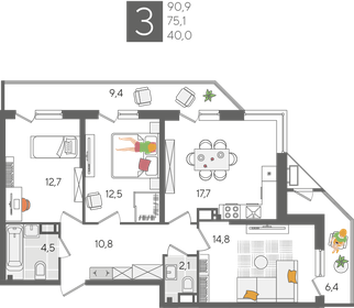 Квартира 90,9 м², 3-комнатная - изображение 2