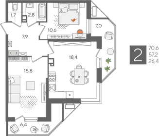 Квартира 70,6 м², 2-комнатная - изображение 2