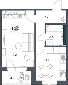 Квартира 43 м², 1-комнатная - изображение 1