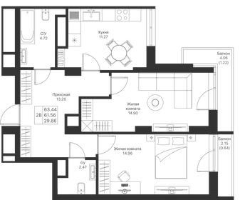 Квартира 63,4 м², 2-комнатная - изображение 1