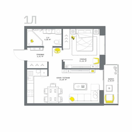 46 м², 1-комнатная квартира 6 415 605 ₽ - изображение 1