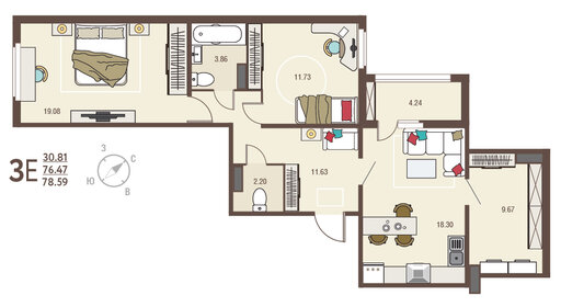 Квартира 78,6 м², 2-комнатная - изображение 1