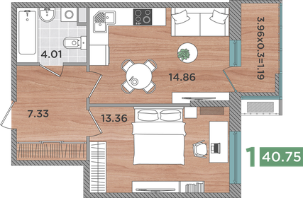 40,4 м², 1-комнатная квартира 5 370 540 ₽ - изображение 25
