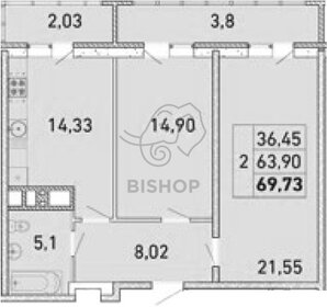 Квартира 69,7 м², 2-комнатная - изображение 1