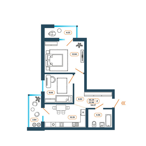 54,3 м², 2-комнатная квартира 5 600 110 ₽ - изображение 1