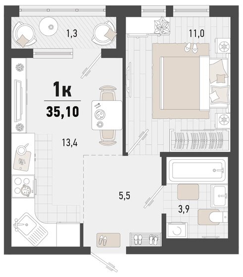 35,1 м², 1-комнатная квартира 9 090 900 ₽ - изображение 1