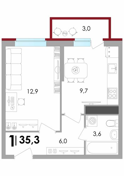 35,3 м², 1-комнатная квартира 4 143 050 ₽ - изображение 1