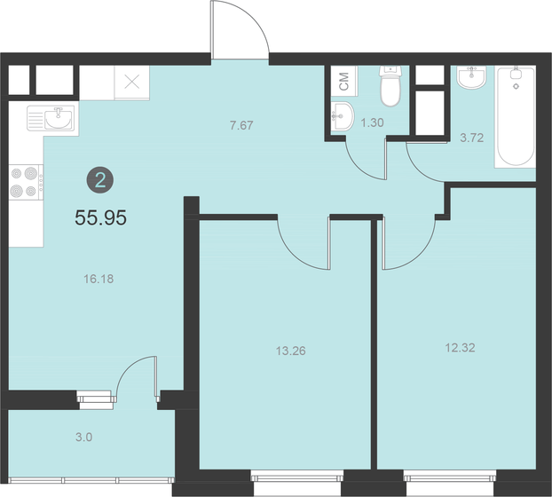 55,3 м², 2-комнатная квартира 10 071 000 ₽ - изображение 1