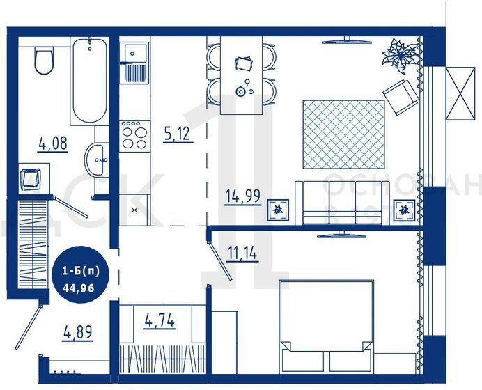 45 м², 1-комнатная квартира 7 550 000 ₽ - изображение 1