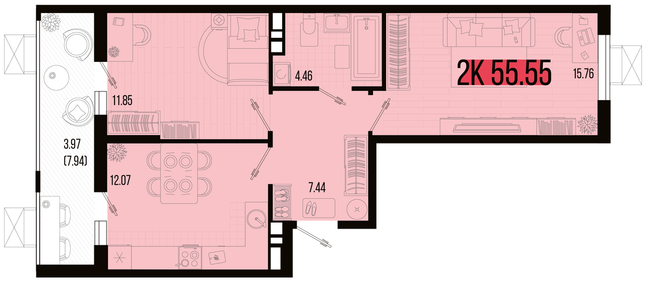 55,6 м², 2-комнатная квартира 7 377 040 ₽ - изображение 1