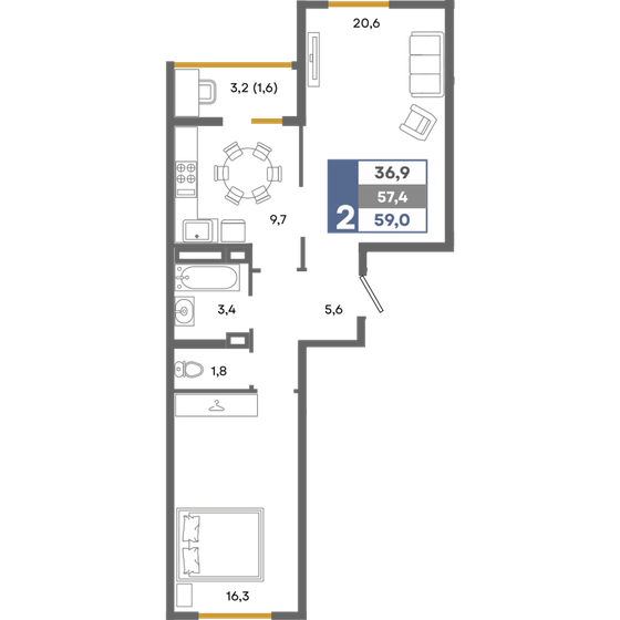 59 м², 2-комнатная квартира 7 552 000 ₽ - изображение 1