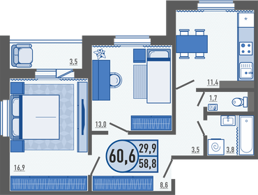 Квартира 60,6 м², 2-комнатная - изображение 1