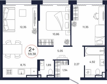 60,4 м², 2-комнатная квартира 5 600 000 ₽ - изображение 68