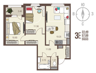 Квартира 59,6 м², 2-комнатная - изображение 1