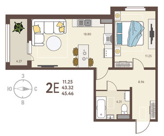 Квартира 45,5 м², 1-комнатная - изображение 1