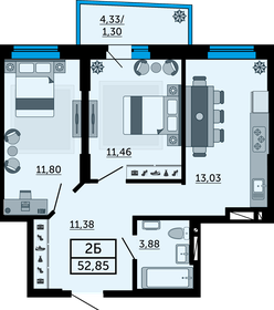 49 м², 2-комнатная квартира 5 400 000 ₽ - изображение 70