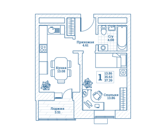 Квартира 37,4 м², 1-комнатная - изображение 1