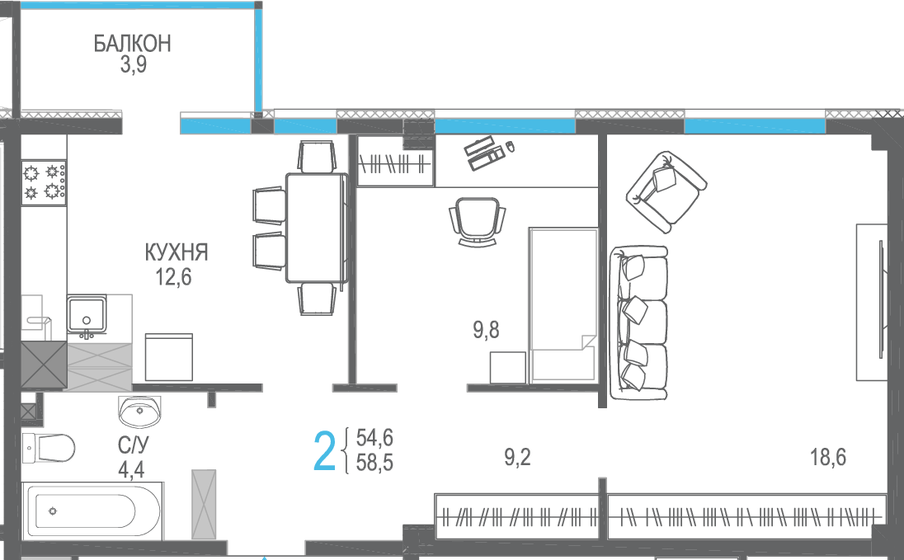 58,5 м², 2-комнатная квартира 7 020 000 ₽ - изображение 1