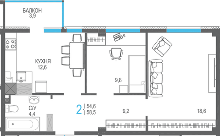 Квартира 58,5 м², 2-комнатная - изображение 1