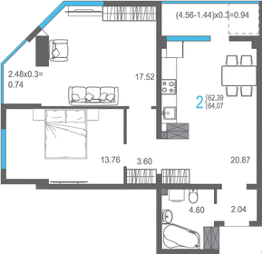 Квартира 64,1 м², 2-комнатная - изображение 1