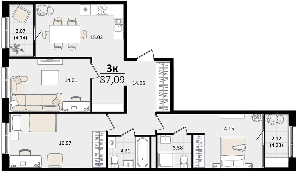 87,1 м², 3-комнатная квартира 22 695 654 ₽ - изображение 1