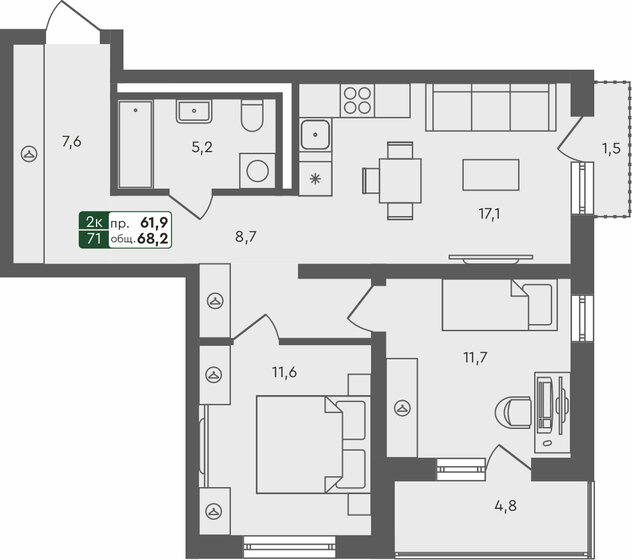 68,2 м², 2-комнатная квартира 7 876 995 ₽ - изображение 1
