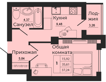 Квартира 37 м², 1-комнатная - изображение 1