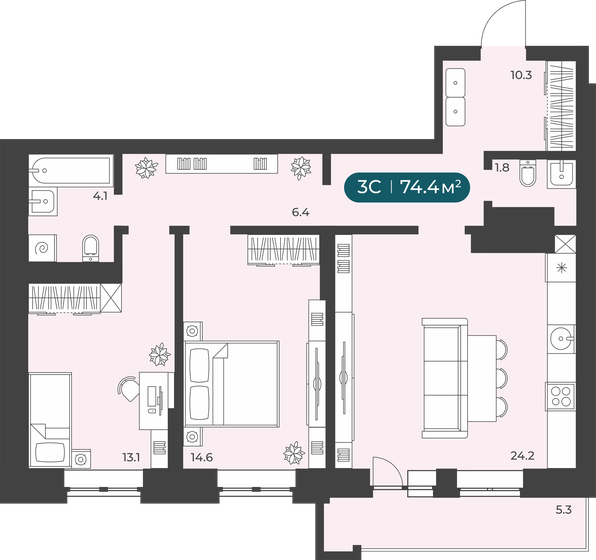 74,4 м², 3-комнатная квартира 7 400 000 ₽ - изображение 11