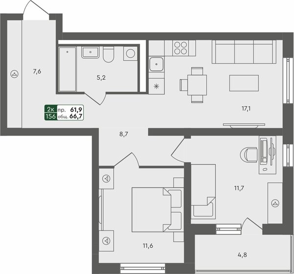 66,7 м², 2-комнатная квартира 7 610 000 ₽ - изображение 1