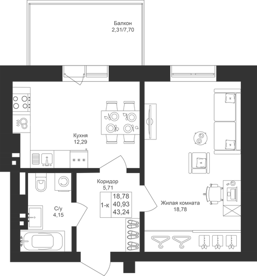 43,2 м², 1-комнатная квартира 6 961 640 ₽ - изображение 1
