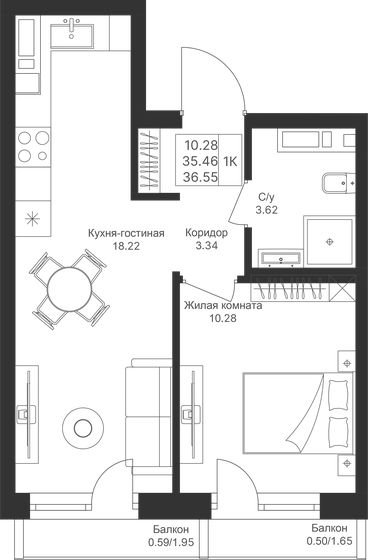 36,6 м², 1-комнатная квартира 10 234 000 ₽ - изображение 1