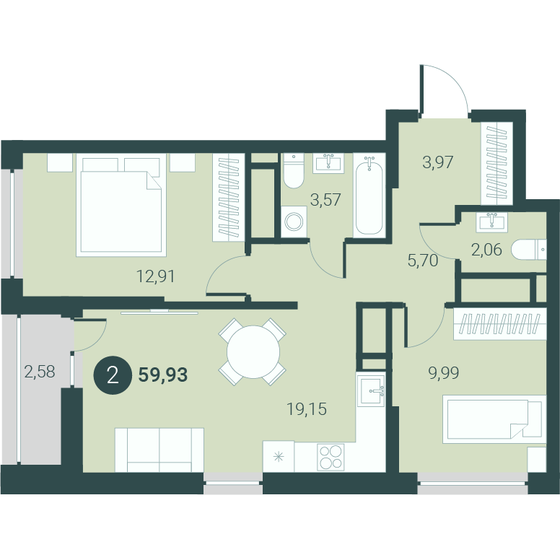 59,9 м², 2-комнатная квартира 7 035 000 ₽ - изображение 1