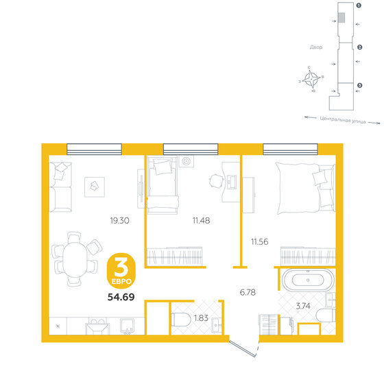 54,7 м², 3-комнатная квартира 5 830 000 ₽ - изображение 1