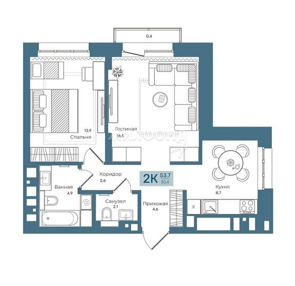 53,9 м², 2-комнатная квартира 8 999 000 ₽ - изображение 1