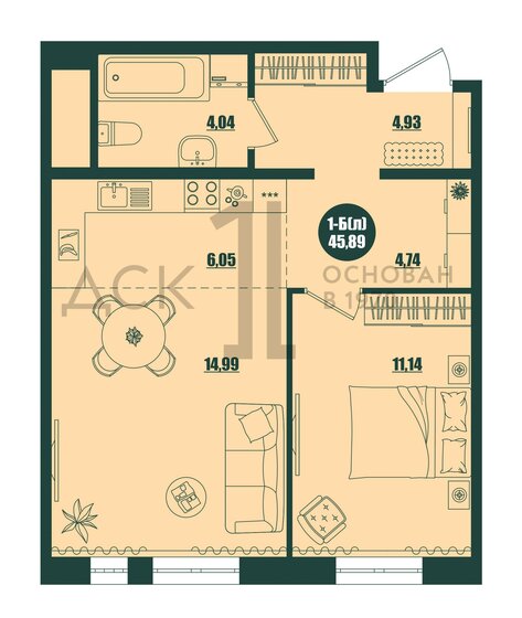 45,9 м², 1-комнатная квартира 6 600 000 ₽ - изображение 10