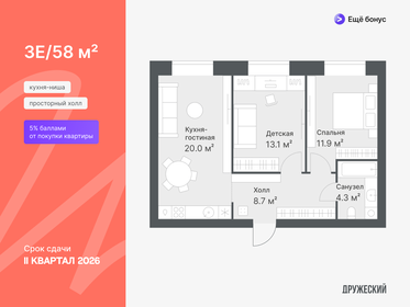 Квартира 58 м², 2-комнатная - изображение 1