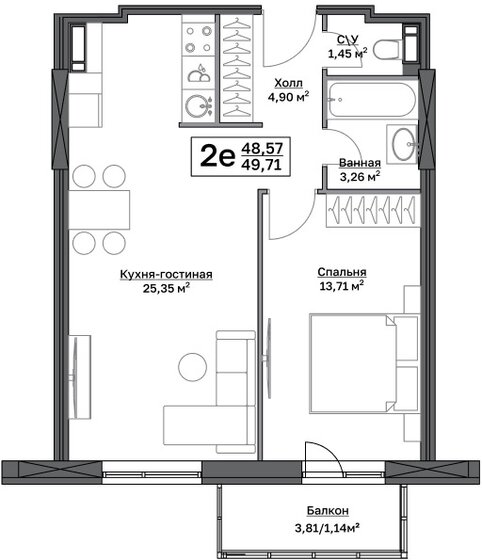 49,7 м², 1-комнатная квартира 6 457 396 ₽ - изображение 1