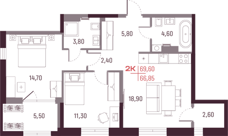 Квартира 66,9 м², 2-комнатная - изображение 1