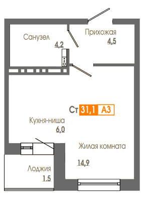 30,8 м², квартира-студия 4 109 000 ₽ - изображение 1