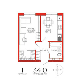 34 м², 1-комнатная квартира 3 400 000 ₽ - изображение 37