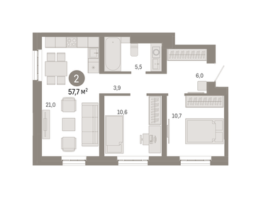 Квартира 57,7 м², 2-комнатная - изображение 1