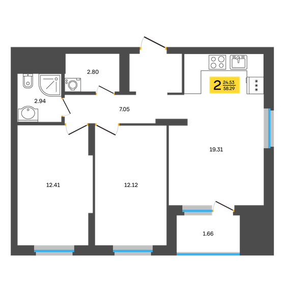 58,3 м², 2-комнатная квартира 6 703 350 ₽ - изображение 1