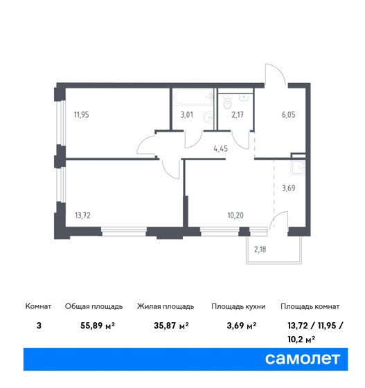 55,9 м², 2-комнатная квартира 8 602 690 ₽ - изображение 1