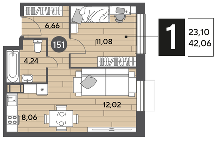 Квартира 42,1 м², 1-комнатная - изображение 1