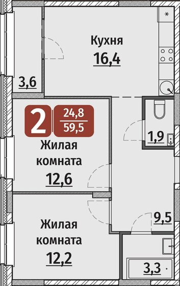 61,3 м², 2-комнатная квартира 6 426 000 ₽ - изображение 1