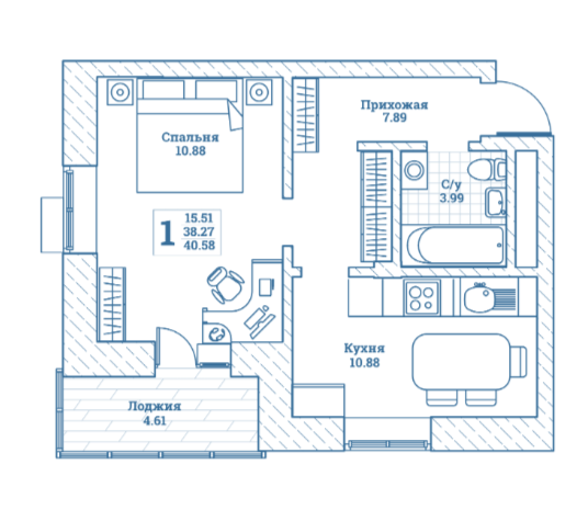 40,4 м², 1-комнатная квартира 5 252 000 ₽ - изображение 1