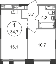 Квартира 34,7 м², 1-комнатная - изображение 1