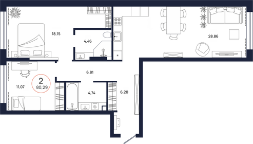 Квартира 80,3 м², 2-комнатная - изображение 1